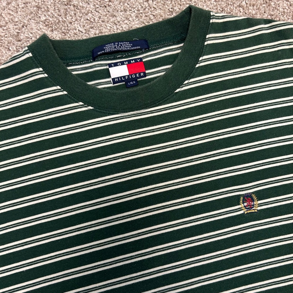 Vintage 90s Tommy Hilfiger Striped Tshirt Crest Men Size Large Green Crewneck